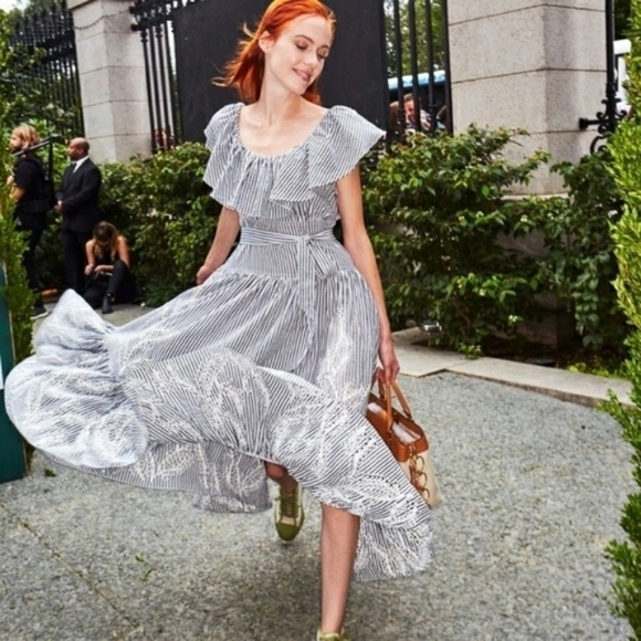 Tory BurchRunway Striped Eyelet Embroidered‎ Midi Dress